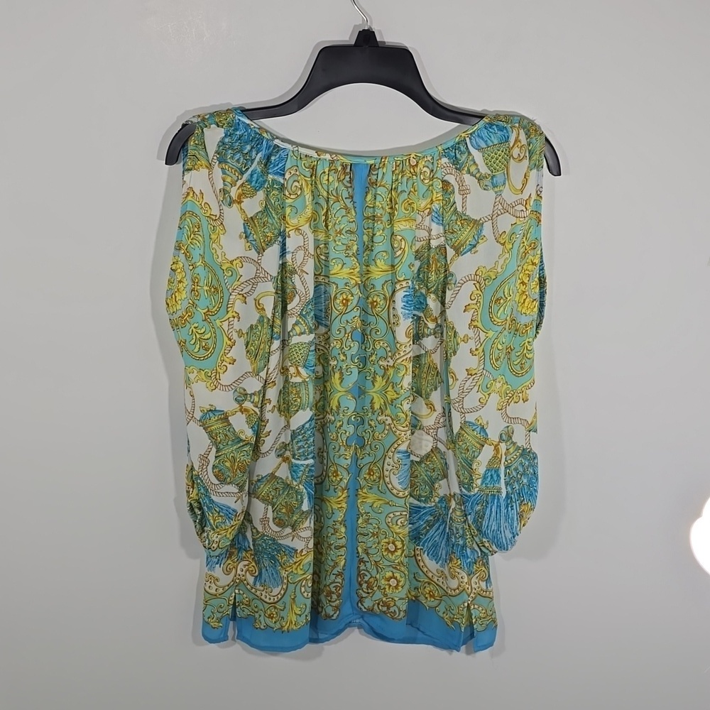 {Caché} Women’s Blouse Multicolor Tassel Print Tie Cold Shoulder Blouse - Size S - Picture 3 of 12